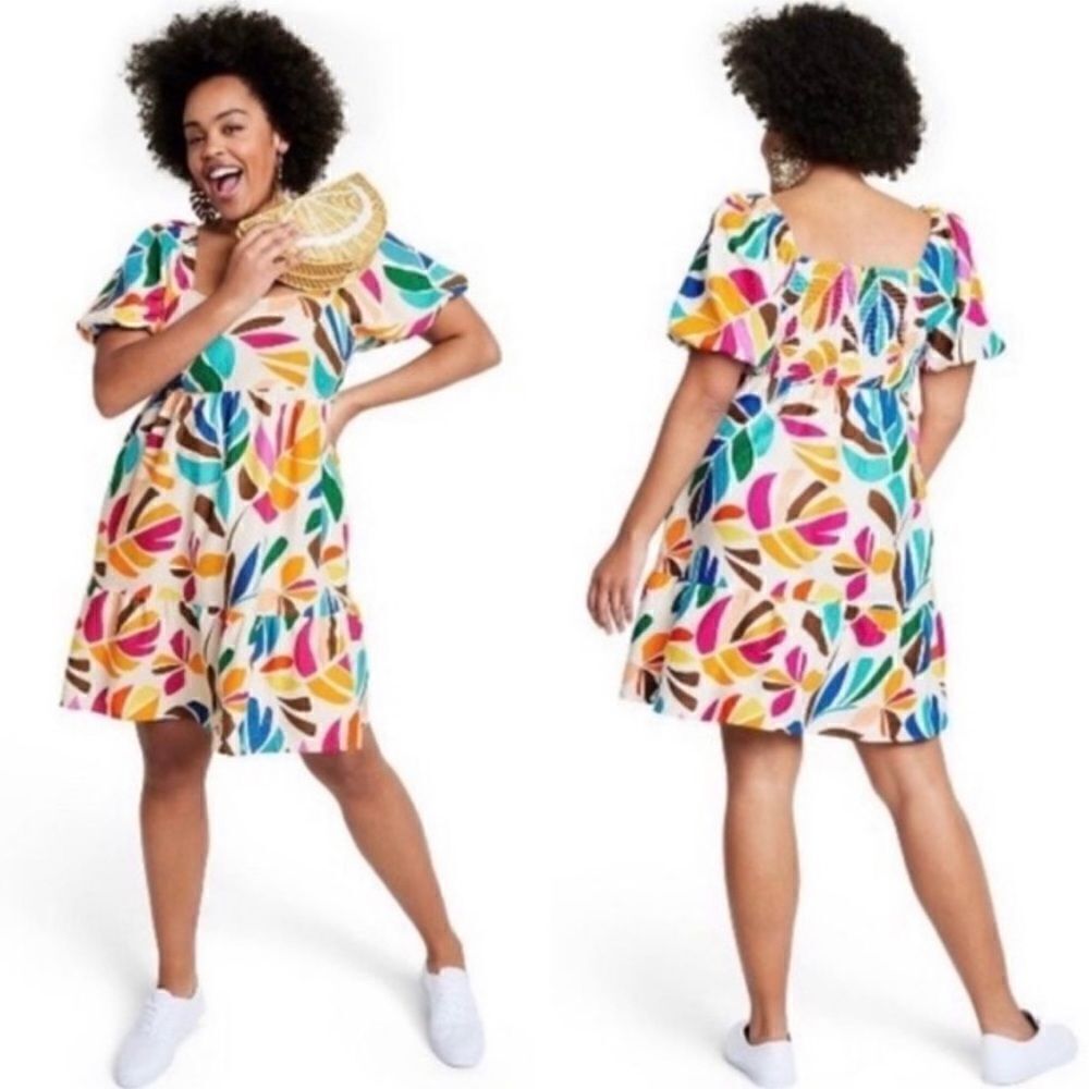 NEW Tabitha Brown Botanical‎ Floral Leaf Multicolor Dress Poof Sleeve Swing M